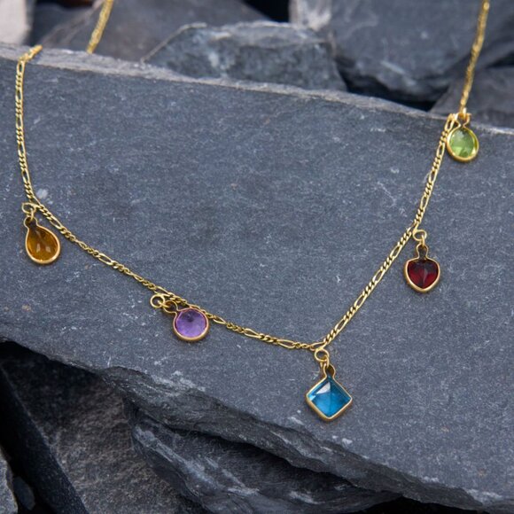 Bejeweled Gemstone Station Necklace 14K Yellow Gold & Matching Earrings - Picture 3 of 4